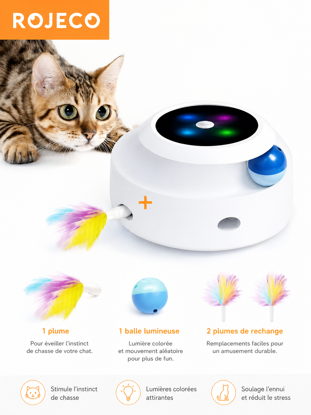 Jouet Interactif 2-en-1 pour Chat – Plumes & Balle Électronique ROJECO