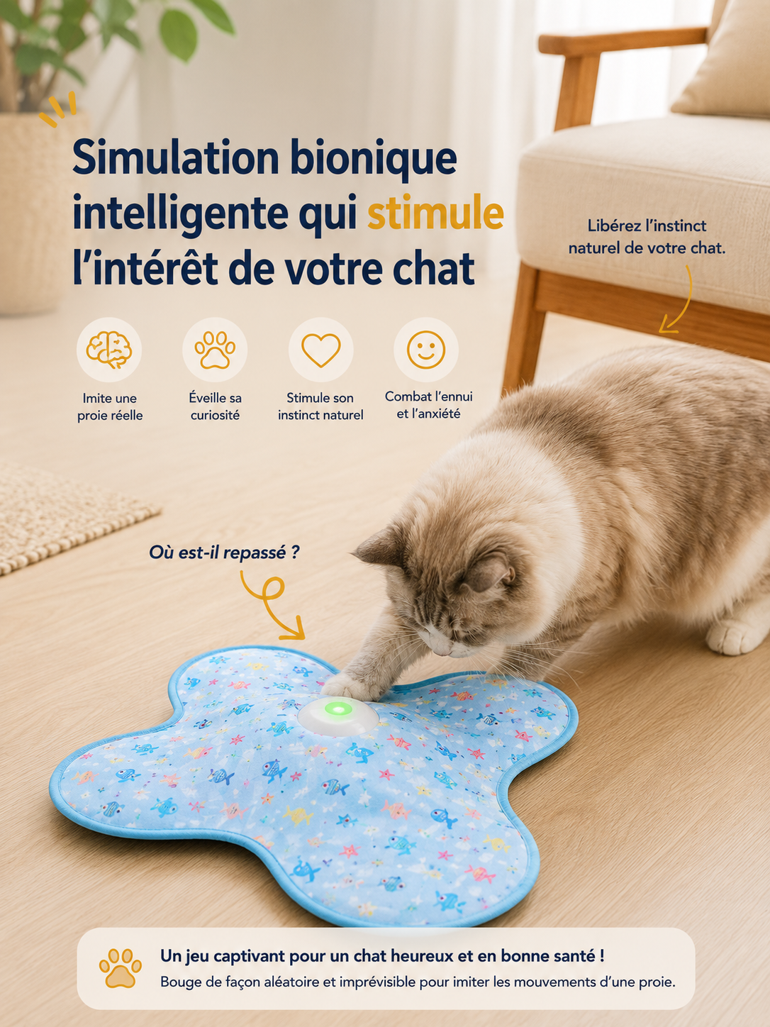 Jouet Automatique Interactif pour Chat – Plumes Cachées Mouvantes