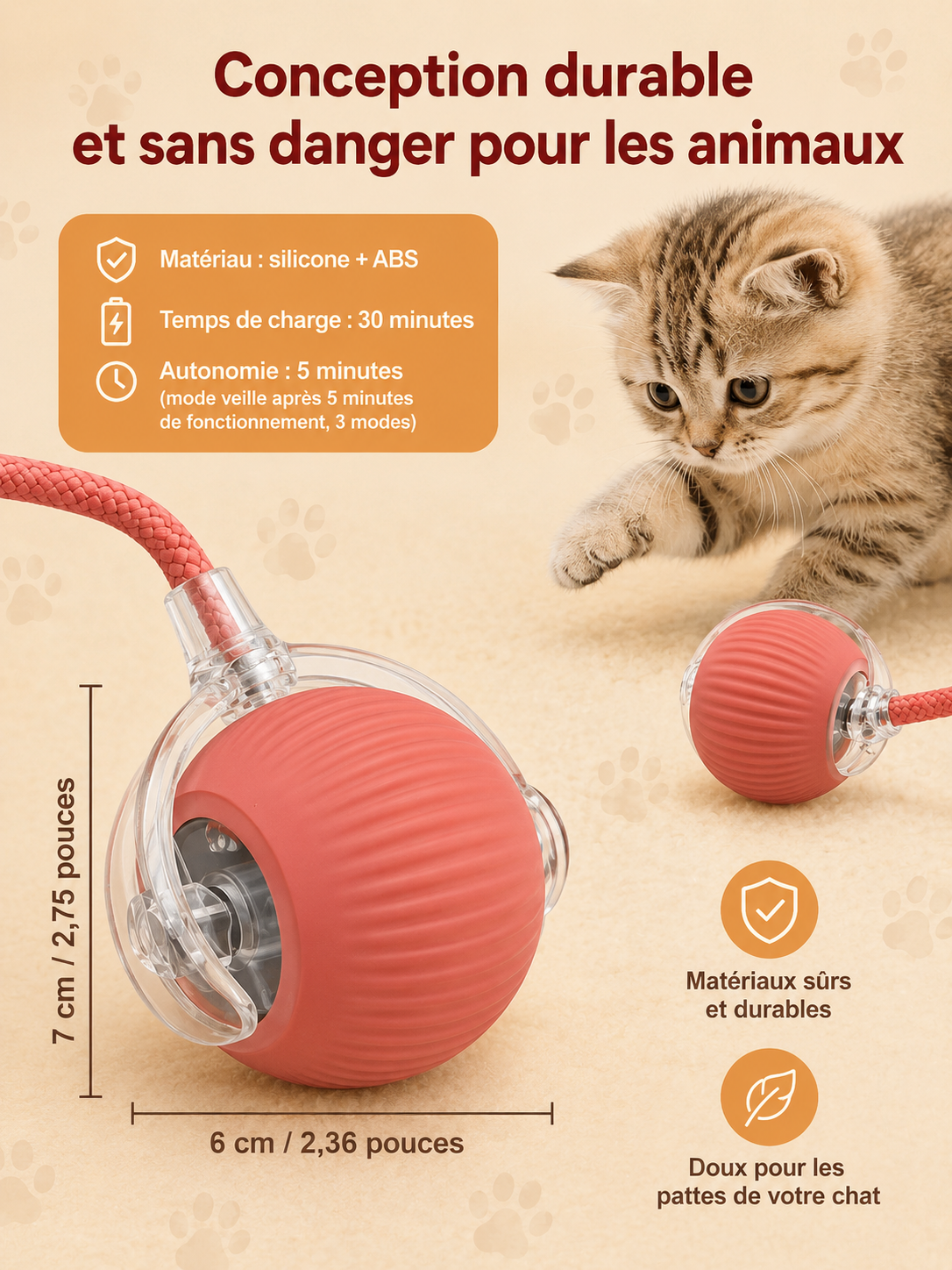Balle Interactive Automatique pour Chat – Rechargeable USB-C, Évitement d'Obstacles, 3 Modes de Jeu