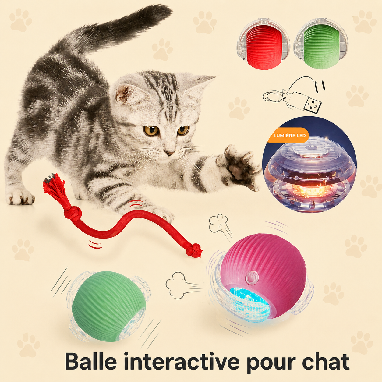 Balle Interactive Automatique pour Chat – Rechargeable USB-C, Évitement d'Obstacles, 3 Modes de Jeu