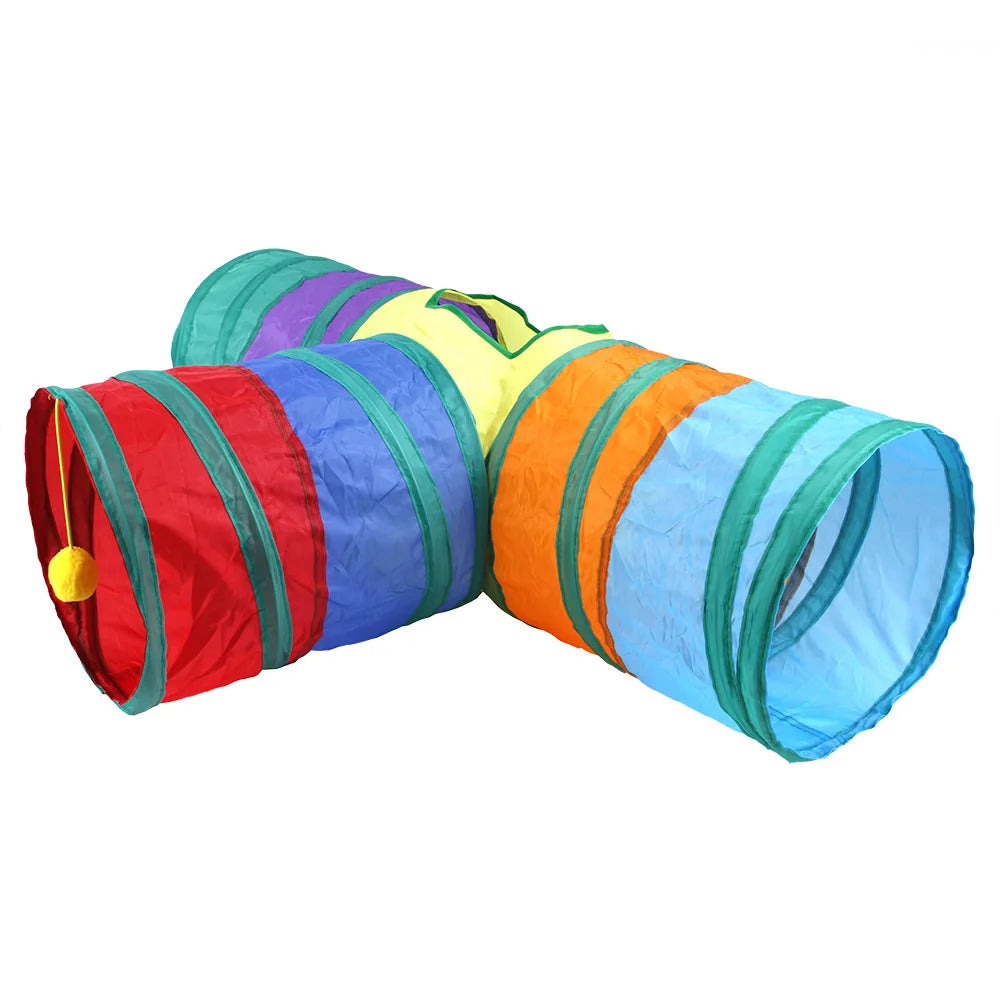 Tunnel de Jeu Arc-en-Ciel pour Chat – Tube Pliable avec Baguette Taquine