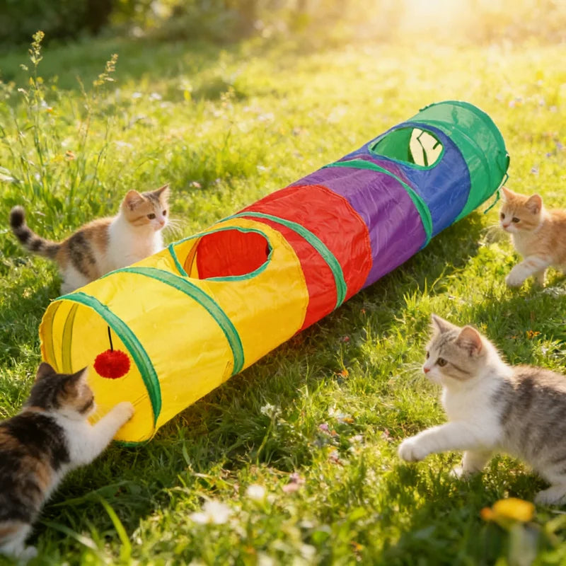 Tunnel de Jeu Arc-en-Ciel pour Chat – Tube Pliable avec Baguette Taquine