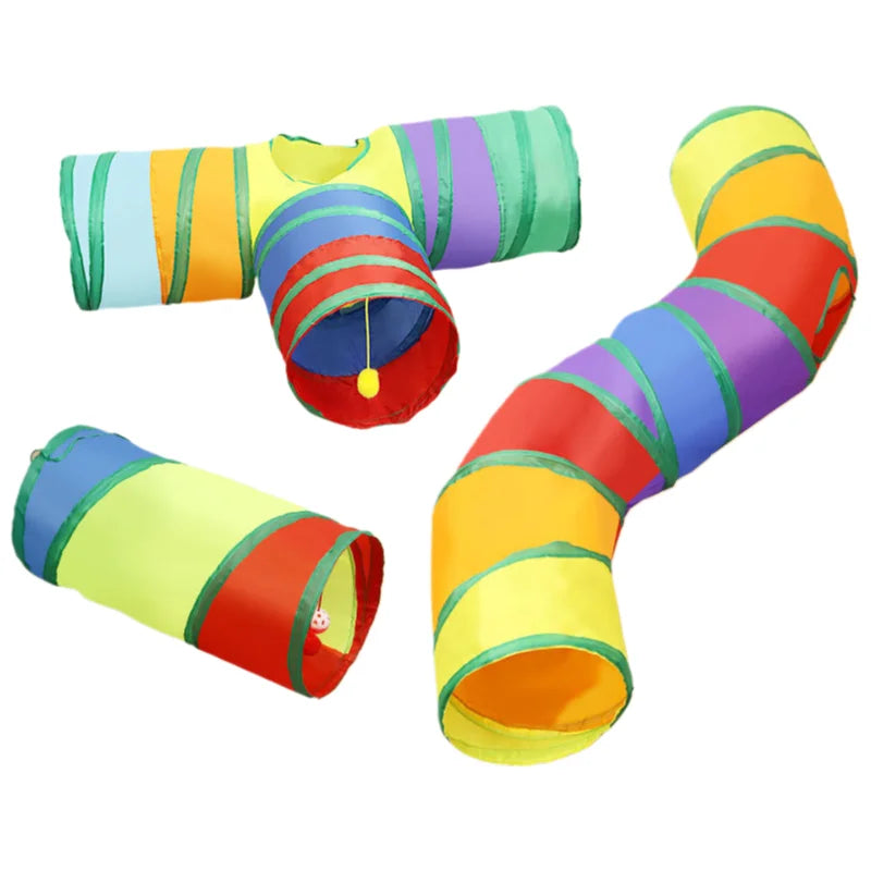 Tunnel de Jeu Arc-en-Ciel pour Chat – Tube Pliable avec Baguette Taquine