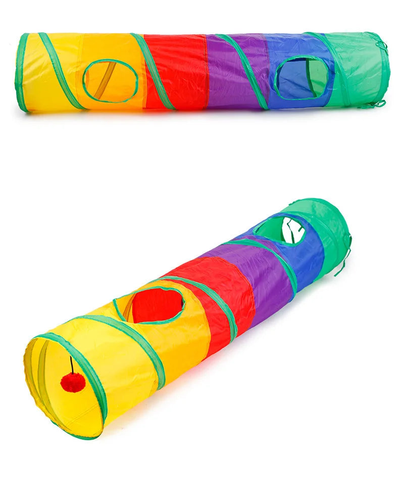 Tunnel de Jeu Arc-en-Ciel pour Chat – Tube Pliable avec Baguette Taquine