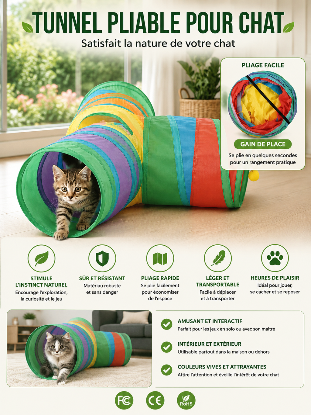 Tunnel de Jeu Arc-en-Ciel pour Chat – Tube Pliable avec Baguette Taquine
