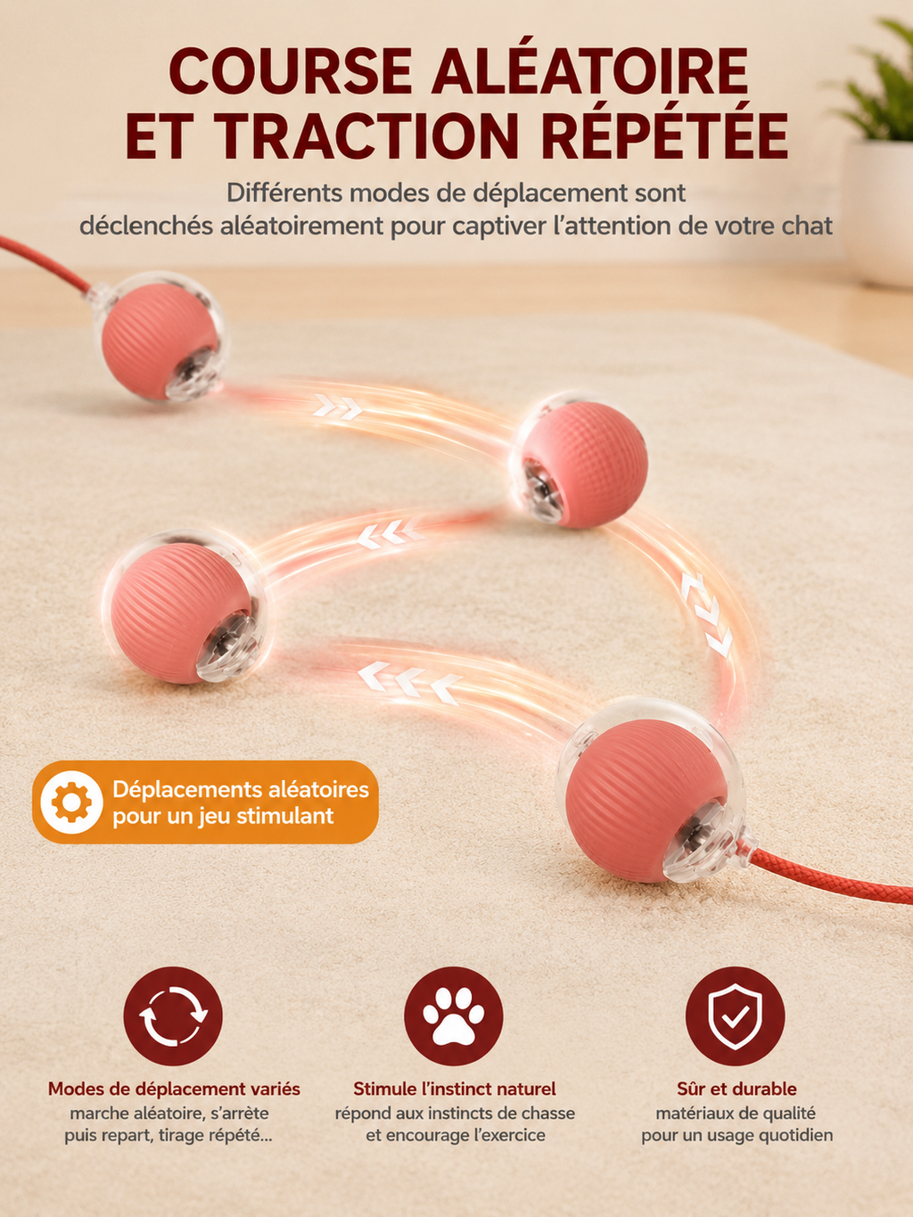 Balle Interactive Automatique pour Chat – Rechargeable USB-C, Évitement d'Obstacles, 3 Modes de Jeu