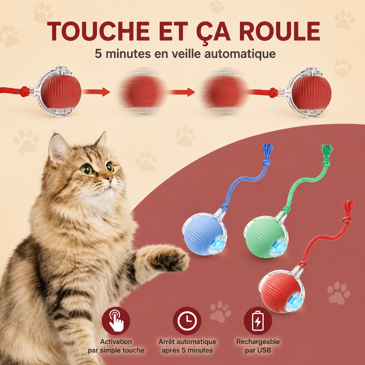 Balle Interactive Automatique pour Chat – Rechargeable USB-C, Évitement d'Obstacles, 3 Modes de Jeu