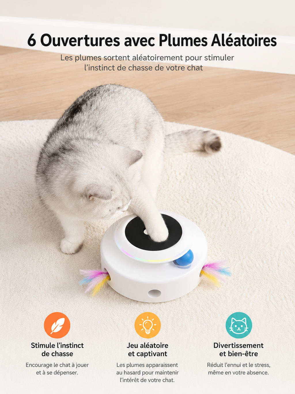 Jouet Interactif 2-en-1 pour Chat – Plumes & Balle Électronique ROJECO