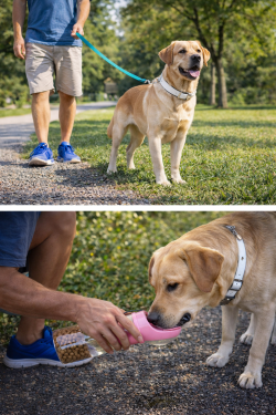 Gourde 2-en-1 pour Chien – Eau & Croquettes en Déplacement