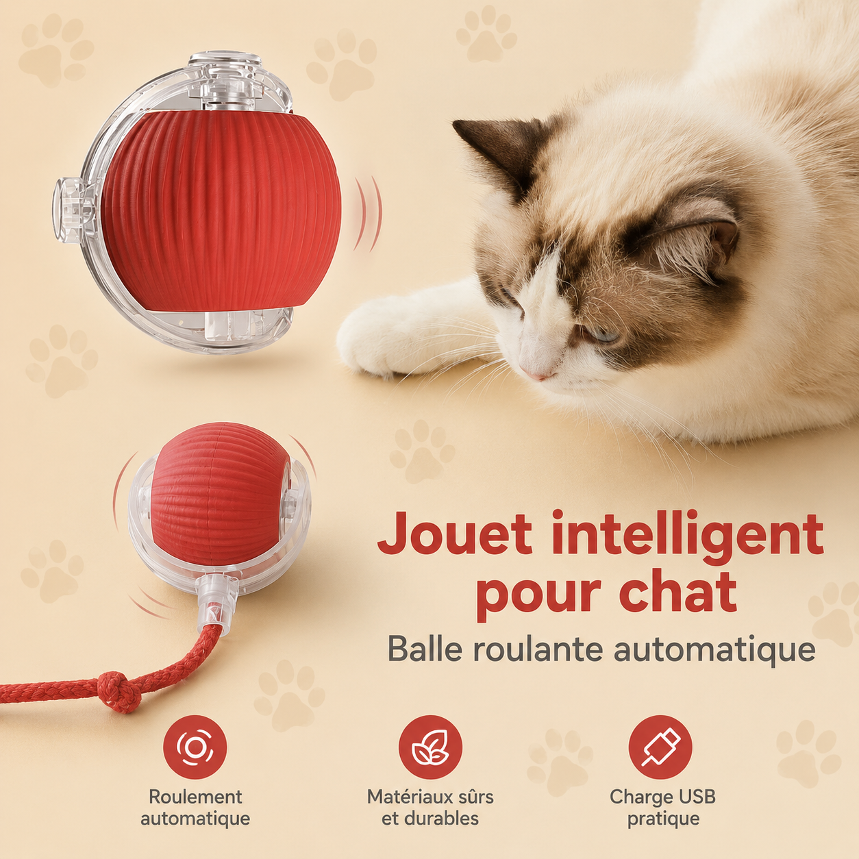 Balle Interactive Automatique pour Chat – Rechargeable USB-C, Évitement d'Obstacles, 3 Modes de Jeu