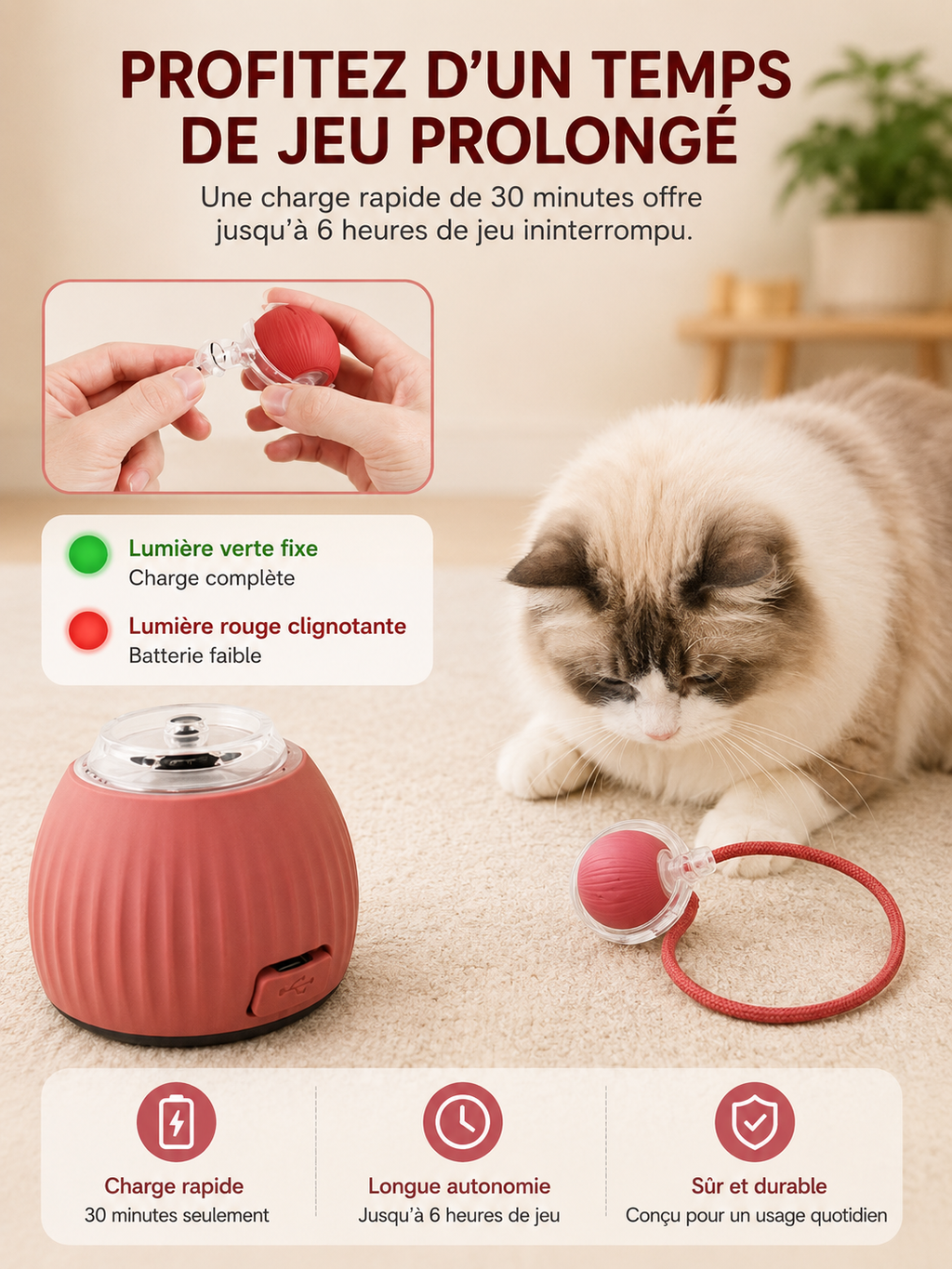 Balle Interactive Automatique pour Chat – Rechargeable USB-C, Évitement d'Obstacles, 3 Modes de Jeu