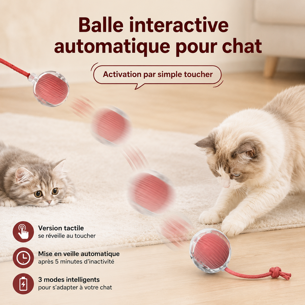 Balle Interactive Automatique pour Chat – Rechargeable USB-C, Évitement d'Obstacles, 3 Modes de Jeu