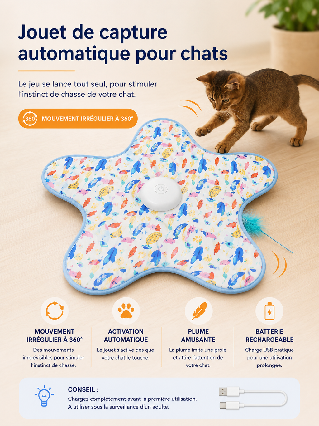 Jouet Automatique Interactif pour Chat – Plumes Cachées Mouvantes